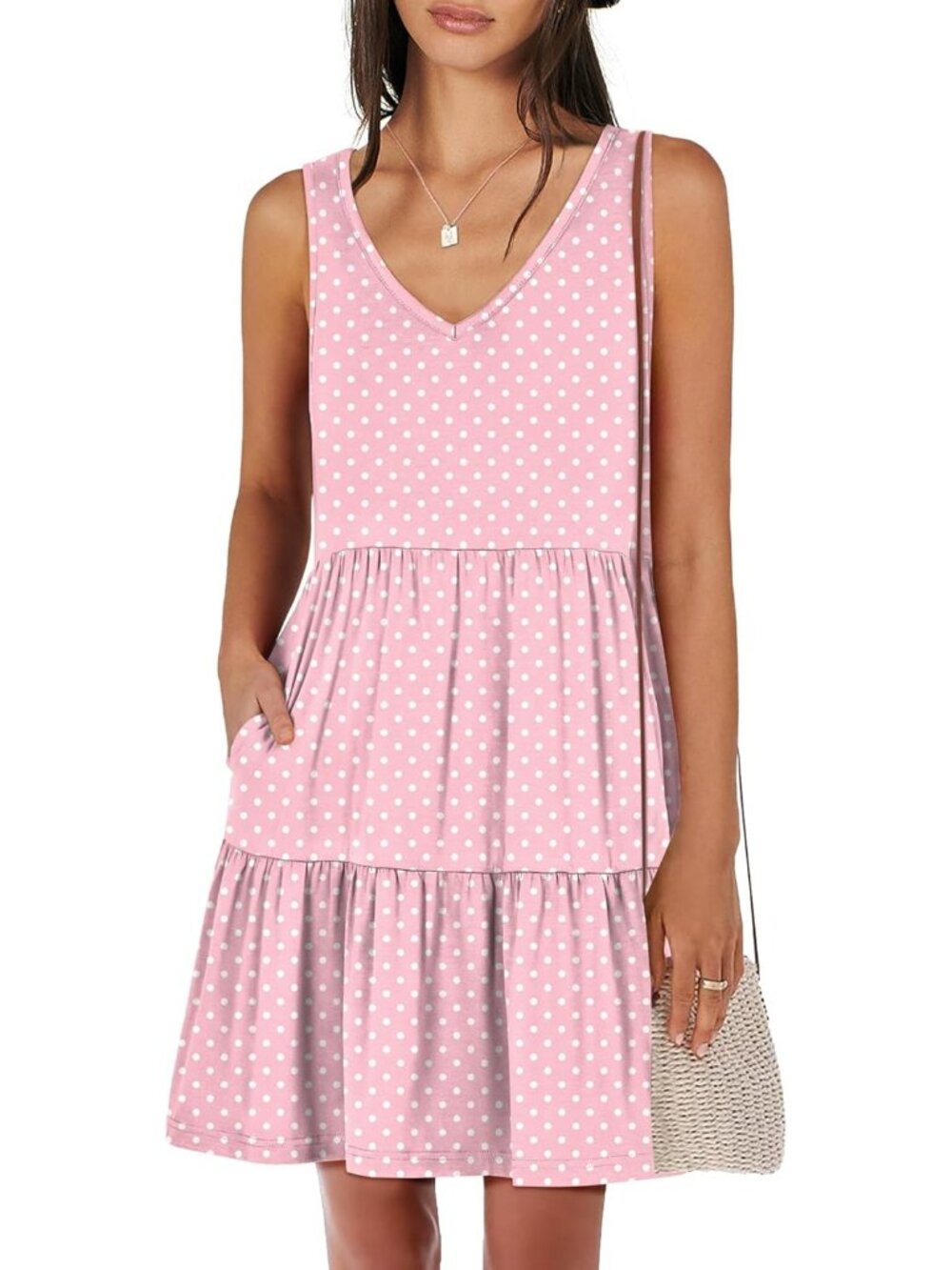 Women's Pink Dot Summer Casual Tank Dress Sleeveless V Neck T Shirt Sundress